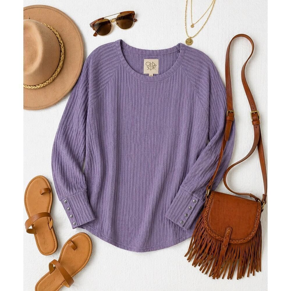 Chaser Lavender Waffle Knit Long Sleeve Top Button Cuff Casual Cozy Large